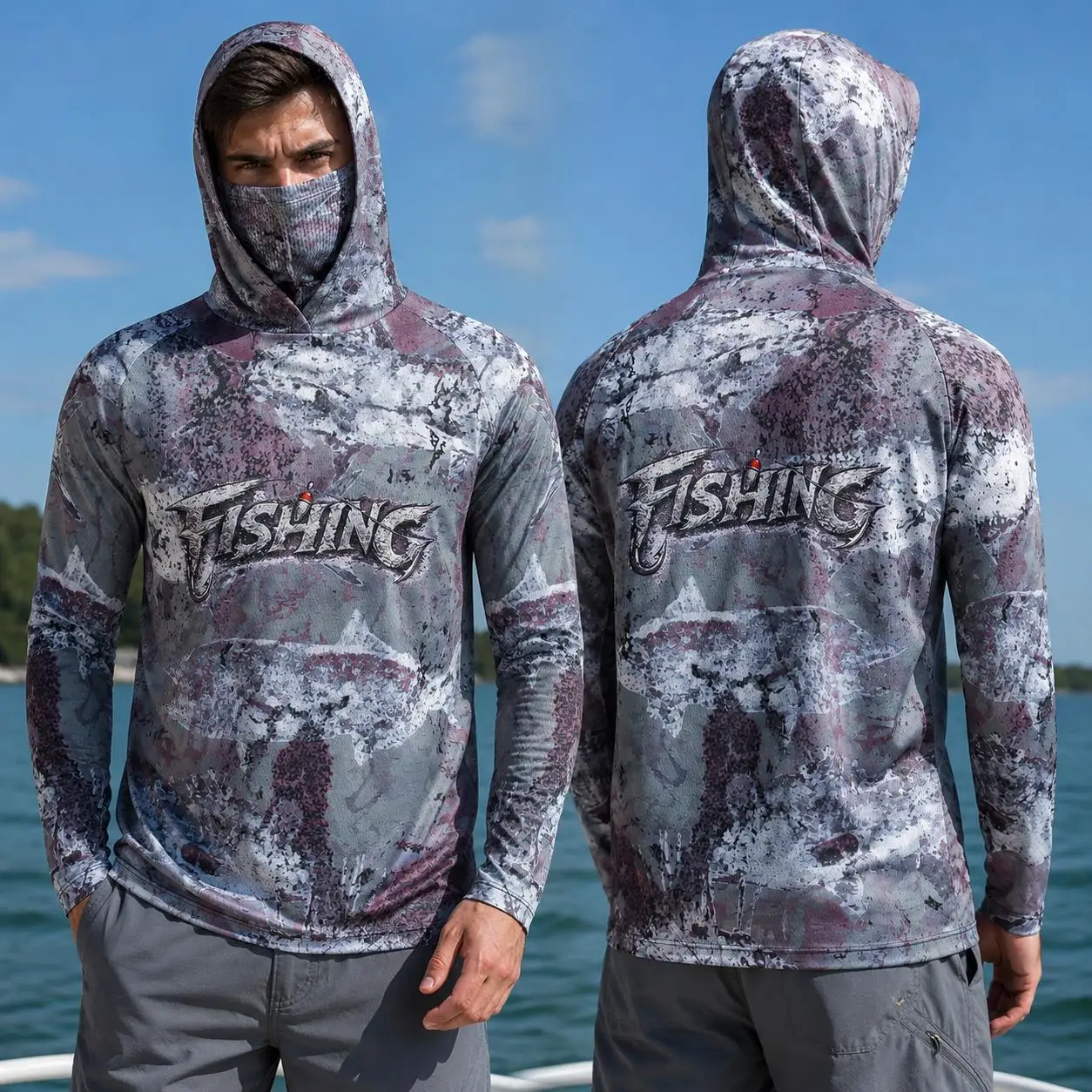 Fishing Mask Sun Protection - เสื้อตกปลาแบบมีฮู้ดสำหรับผู้ชาย เสื้อผ้าตกปลาแขนยาวสำหรับกิจกรรมกลางแจ้งฤดูร้อน เสื้อฮู้ดพร้อมหน้ากากกันแดด เสื้อเจอร์ซีย์ประสิทธิภาพสูง