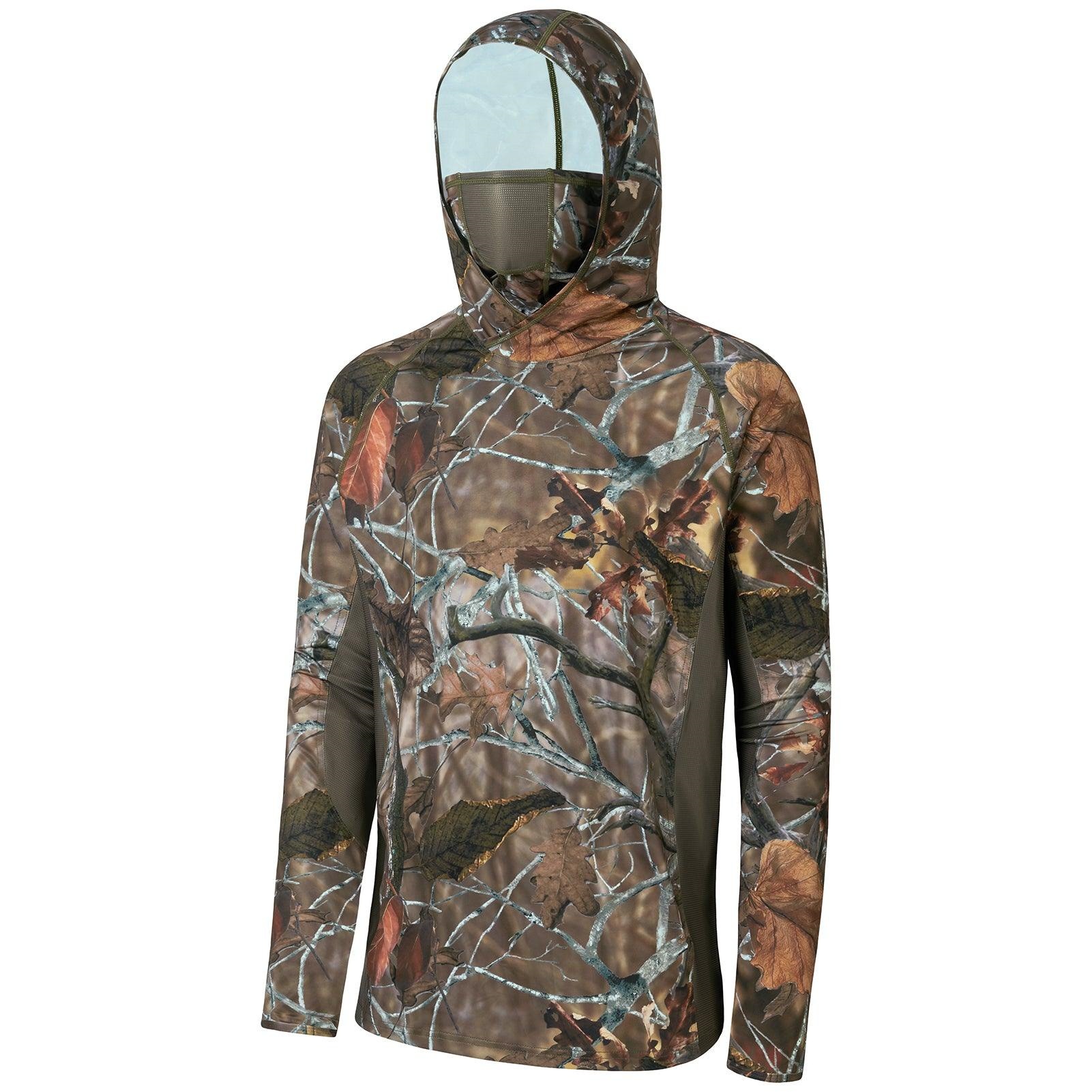 Fishing Mask Sun Protection - เสื้อฮู้ดลายใบไม้ 3D สำหรับผู้ชาย พร้อมหน้ากากในตัว ป้องกันแสงแดด เหมาะสำหรับการล่าสัตว์